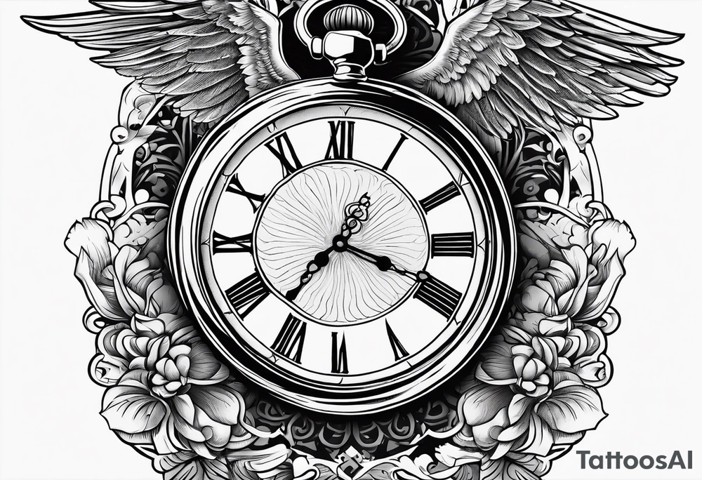 Angels and a old time pocket watch with the saying "Time waits for no one..." tattoo idea