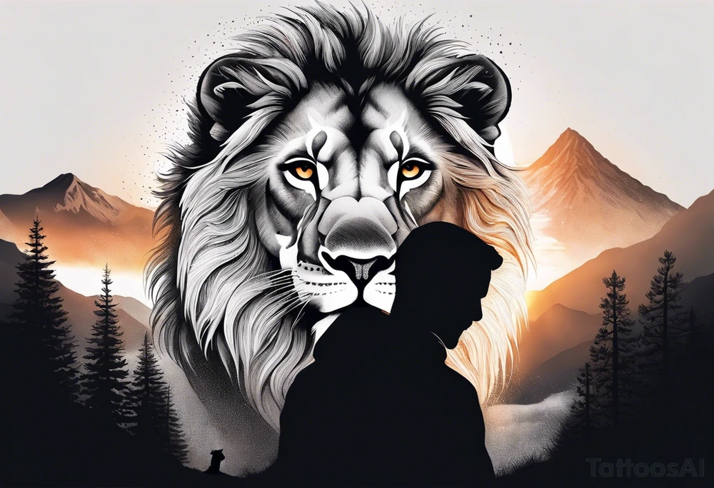a father and son in the mountains with  a waterfall and cross in the background and a sunset designed into the shape of a lion head tattoo idea