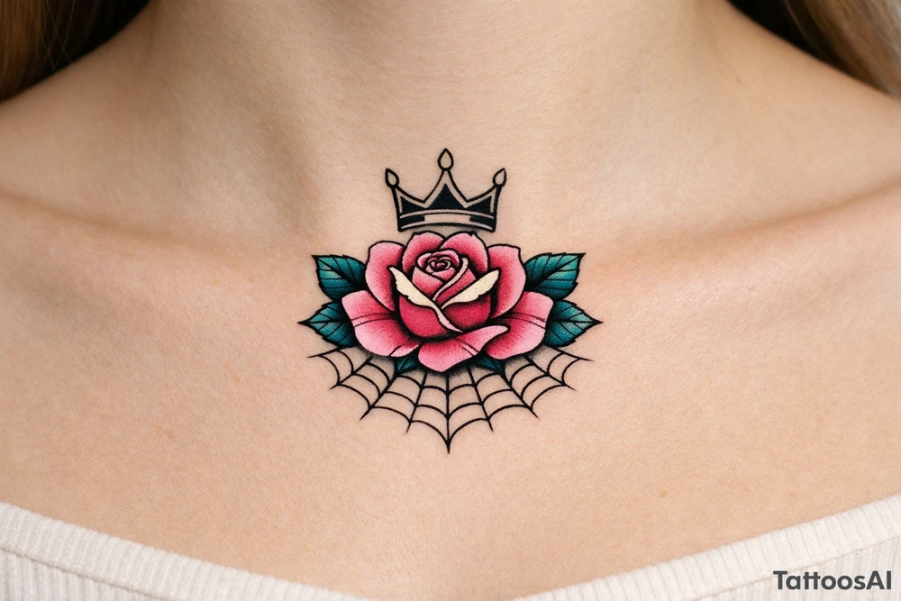 Pink and petrol rose , petrol leaves no stem, minimalist crown above it, crown is black and white and has no gems, crown has three spikes , spider web beneath tattoo idea