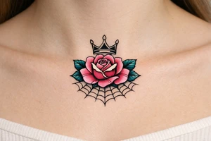 Pink and petrol rose , petrol leaves no stem, minimalist crown above it, crown is black and white and has no gems, crown has three spikes , spider web beneath tattoo idea