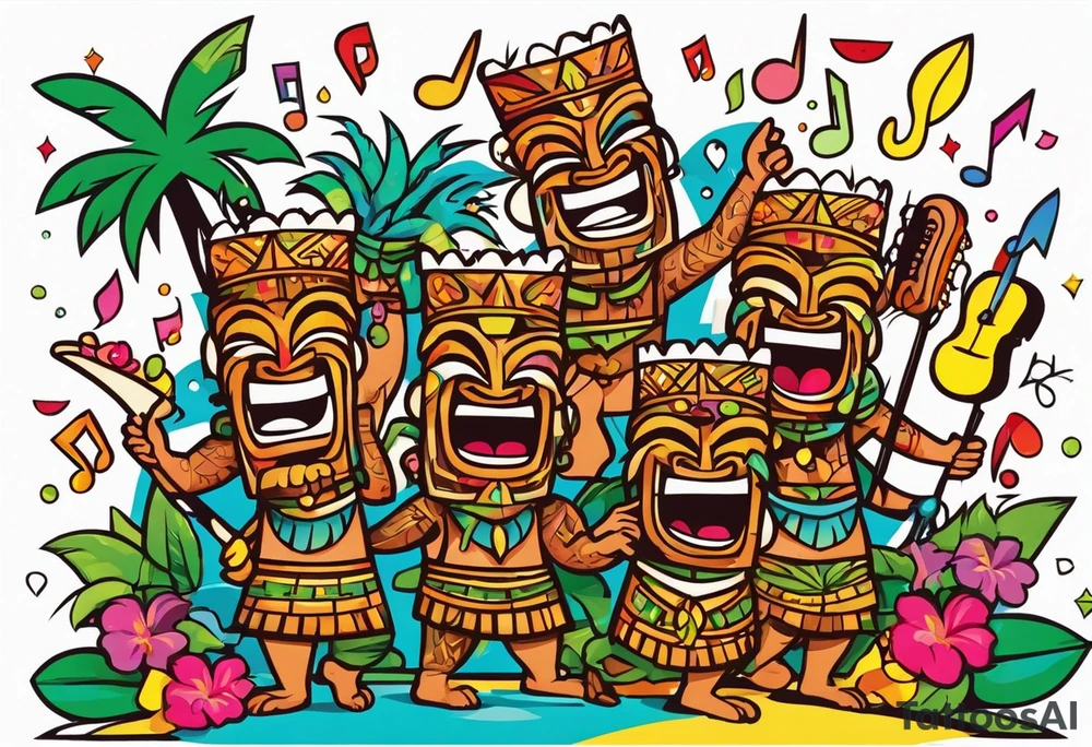 tiki party with dancing tiki guys and sexy tiki girls with music notes and confetti tattoo idea