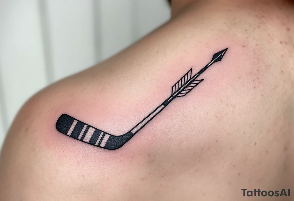 Hockey Stick and Arrow Fusion – A black carbon stick morphing into a hunting arrow, symbolizing precision and focus, with crimson feathering at the end. tattoo idea