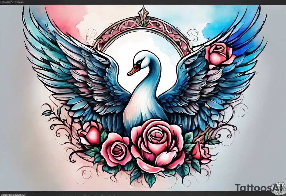 Soft washes of color create a dreamlike effect. Imagine the angel's wings with watercolor washes, the swan blending into soft blues, and the roses blooming in watercolor pinks and reds. tattoo idea