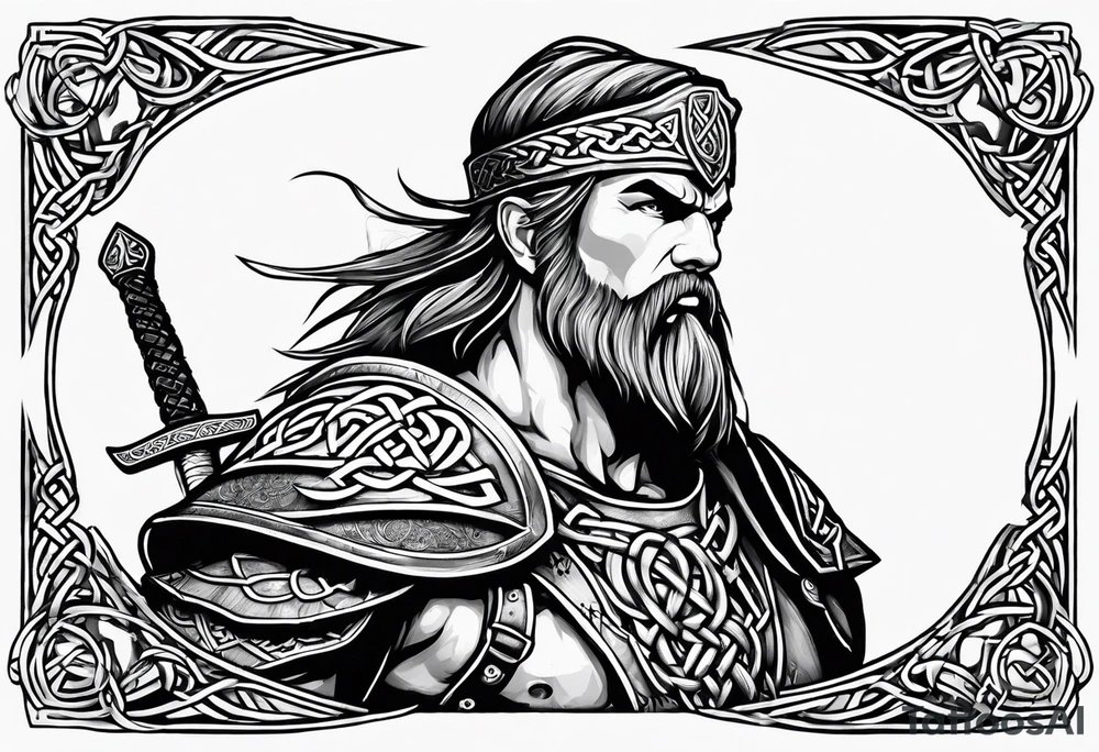 Celtic warrior facing left with sword drawn and irish background tattoo idea