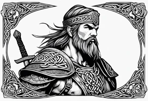 Celtic warrior facing left with sword drawn and irish background tattoo idea