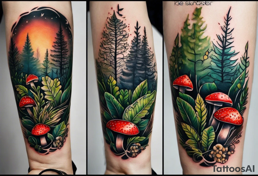 forest floor inspired tattoo, which includes grass, curly ferns and dead leaves as the bulk of the tattoo. details to include: three  tiny strawberries, couple of very small mushrooms, a tiny bumblebee flying nearby tattoo idea