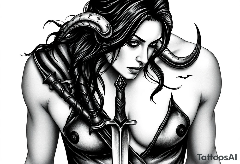 Feminine Tattoo dark female warrior with dagger and realistic horns just barley touching collarbone with a lot of shading tattoo idea