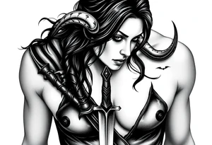 Feminine Tattoo dark female warrior with dagger and realistic horns just barley touching collarbone with a lot of shading tattoo idea