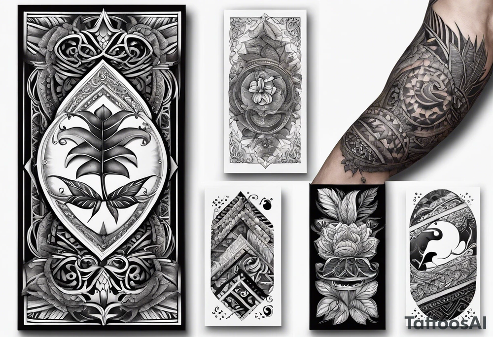 Segelboot, lachende sonne, delfin, zutronen, monstera ableger, maori Stilelemente, orientalische fliesen, hibiskus, Perspektive tattoo idea