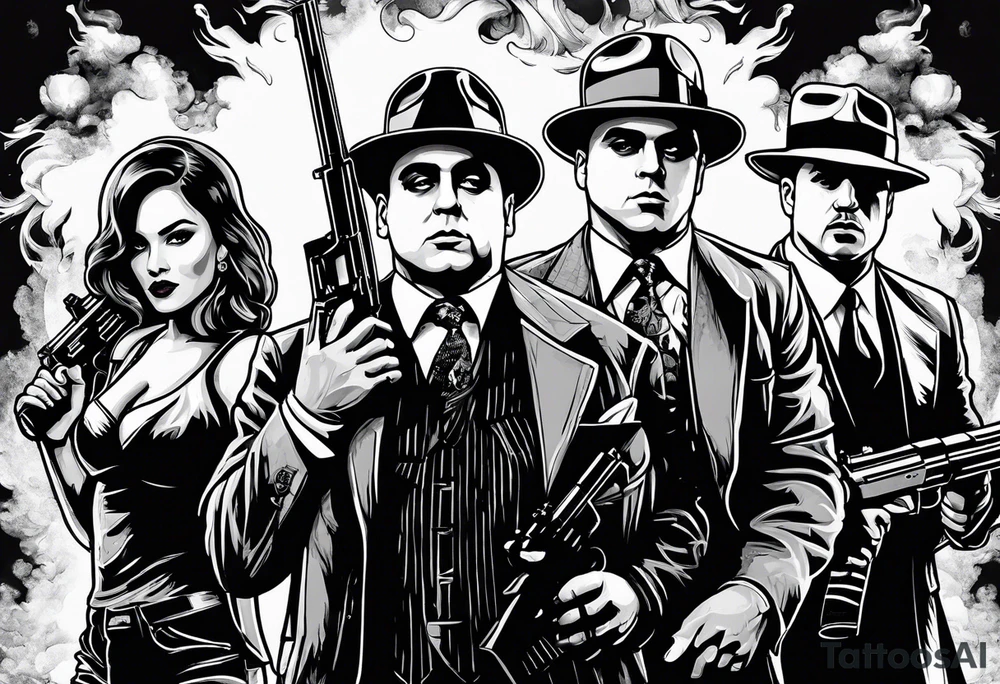 group of gangsters including Al Capone and bonnie and Clyde with machine guns surrounded by smoke and fire tattoo idea