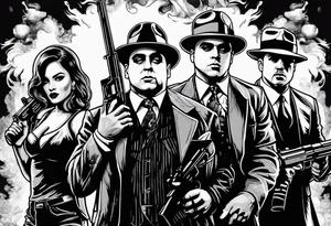 group of gangsters including Al Capone and bonnie and Clyde with machine guns surrounded by smoke and fire tattoo idea