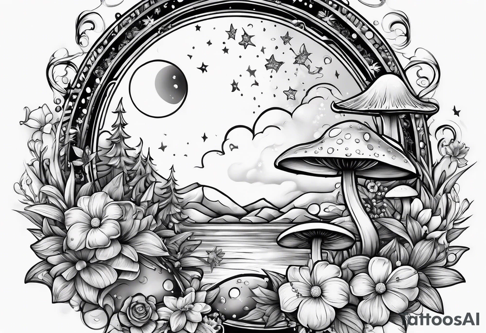moon with crystals, mushrooms, and lily’s and daisy’s tattoo idea
