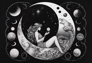 Snake wrapping around the moon phases and hades and Persephone constellations tattoo idea