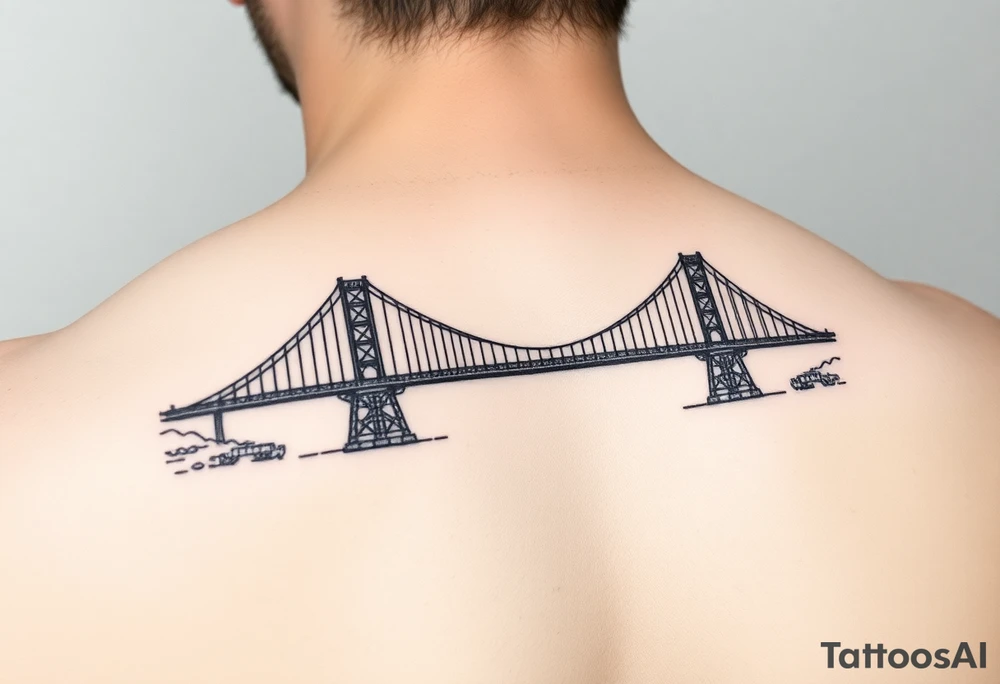 Fine line tattoo of the fort Duquesne bridge with vintage vibes, small and place it on left arm, just above the elbow tattoo idea