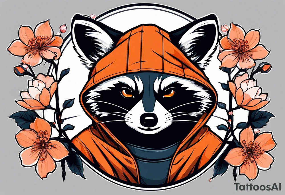 Raccoon wearing a white Superman logo on a black hoodie and orange Japanese cherry blossoms beside tattoo idea