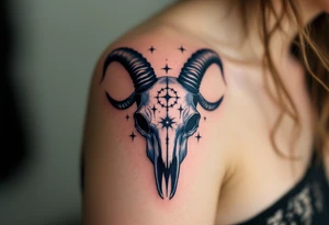 Bold black Capricorn stars arch over a dark navy goat skull, blending astrology and mythology. tattoo idea