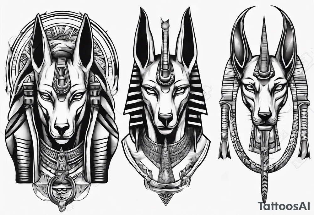 Egyptian god Anubis' head with snakes next to him in the desert tattoo idea