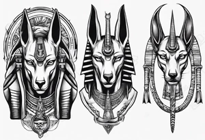 Egyptian god Anubis' head with snakes next to him in the desert tattoo idea