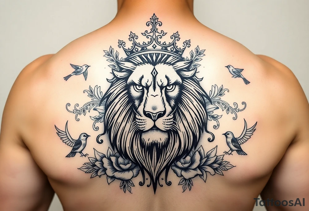 powerful majestic lion with a crown, surrounded by floral ornaments and birds tattoo idea