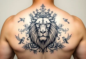 powerful majestic lion with a crown, surrounded by floral ornaments and birds tattoo idea