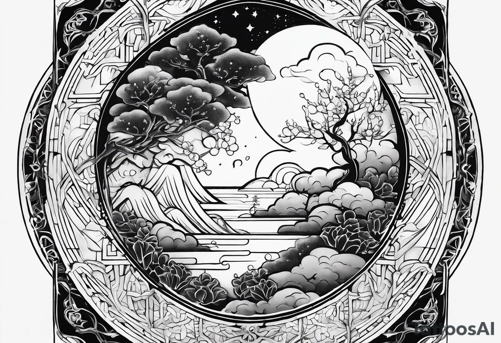 I want a fine line, feminine but very powerful tattoo. I want it to feel oriental and decorative. I want the image to portray a powerful story from the Bible. I want the tattoo to look peaceful and glowy tattoo idea