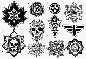 A American traditional tattoo flash with 4 different traditional tattoo designs made in a modern Blackwork style tattoo idea