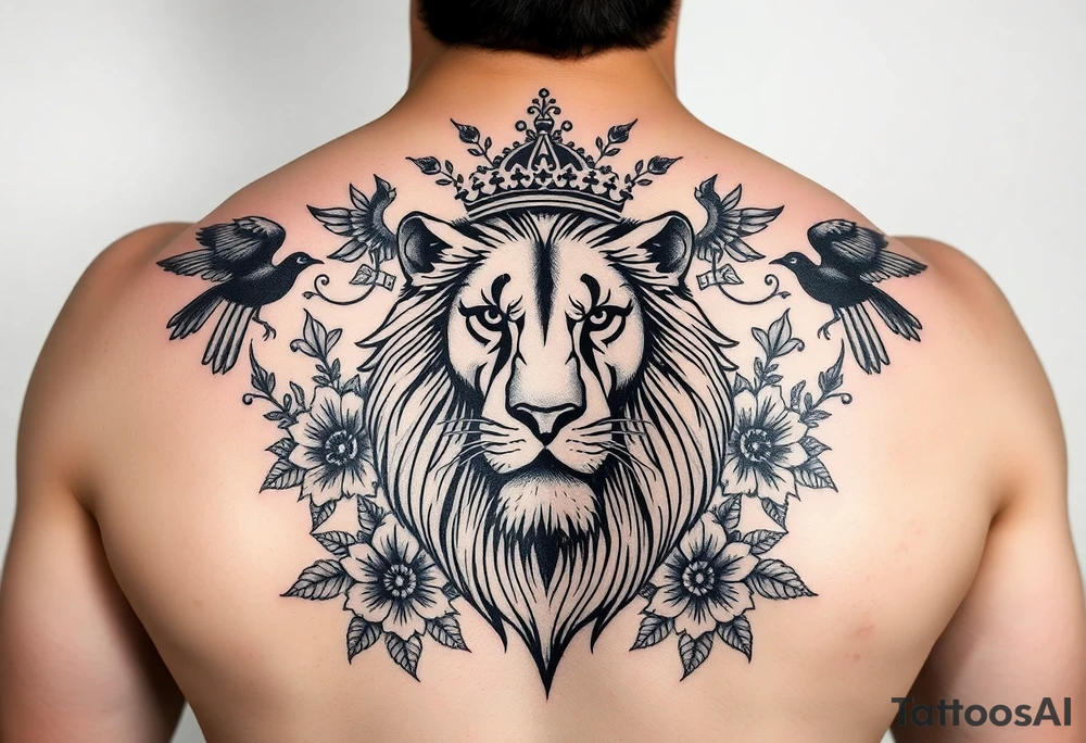 powerful majestic lion with a crown, surrounded by floral ornaments and birds tattoo idea