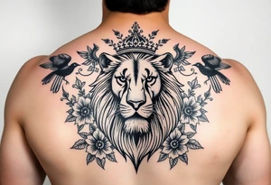 powerful majestic lion with a crown, surrounded by floral ornaments and birds tattoo idea