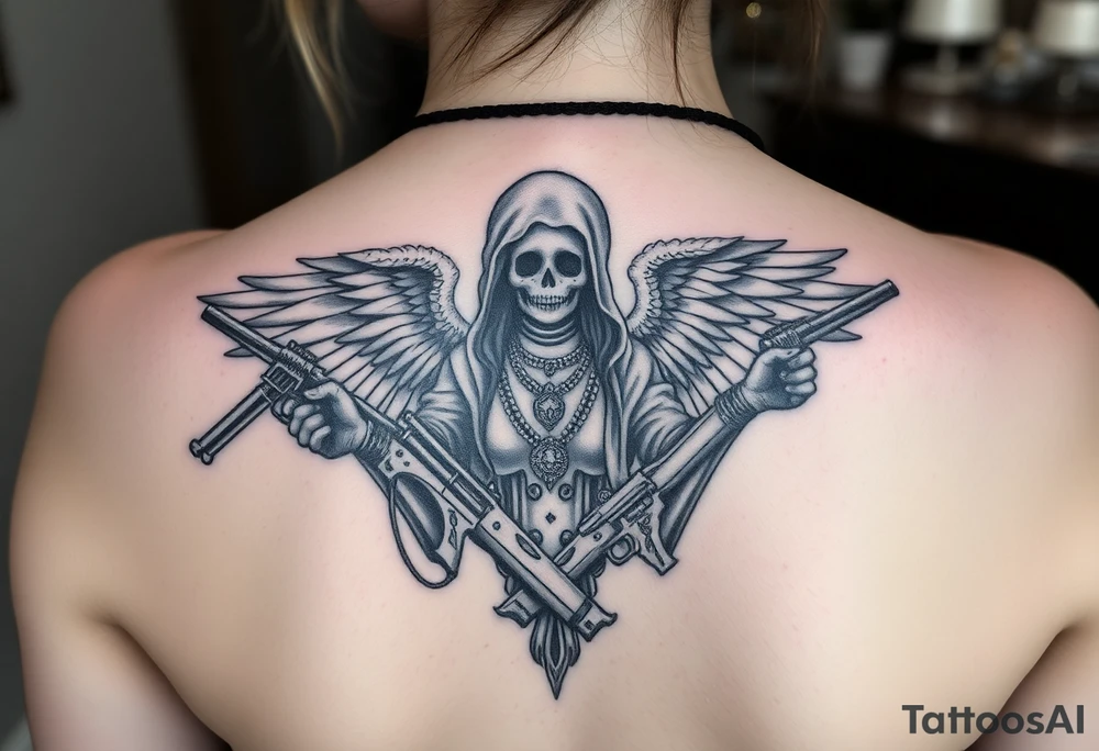 old angel statue (Santa Muerte style) criminal style tattooed and at the same time contemporary, weapons in hand, gangster-style gold necklaces tattoo idea