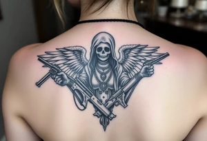 old angel statue (Santa Muerte style) criminal style tattooed and at the same time contemporary, weapons in hand, gangster-style gold necklaces tattoo idea