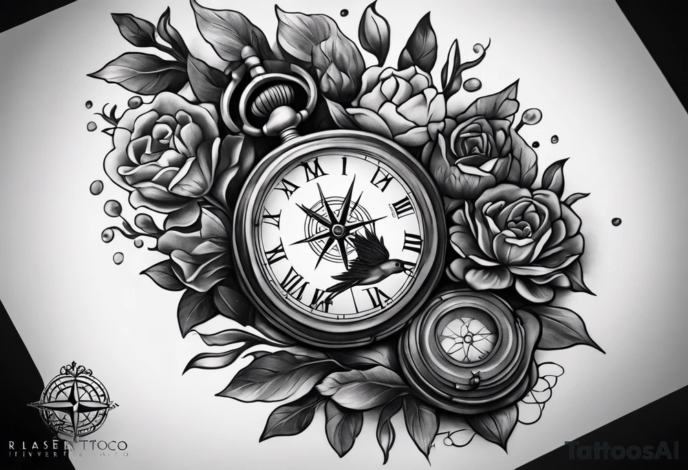 black and grey composition of four elements, 1) old school pocket watch in pieces 2) nautical compass in pieces, 3) a tree of life and 4) a doctor bird, connected together by lignum vitae flowers, on the arm 3/4 sleeve black and grey tattoo idea