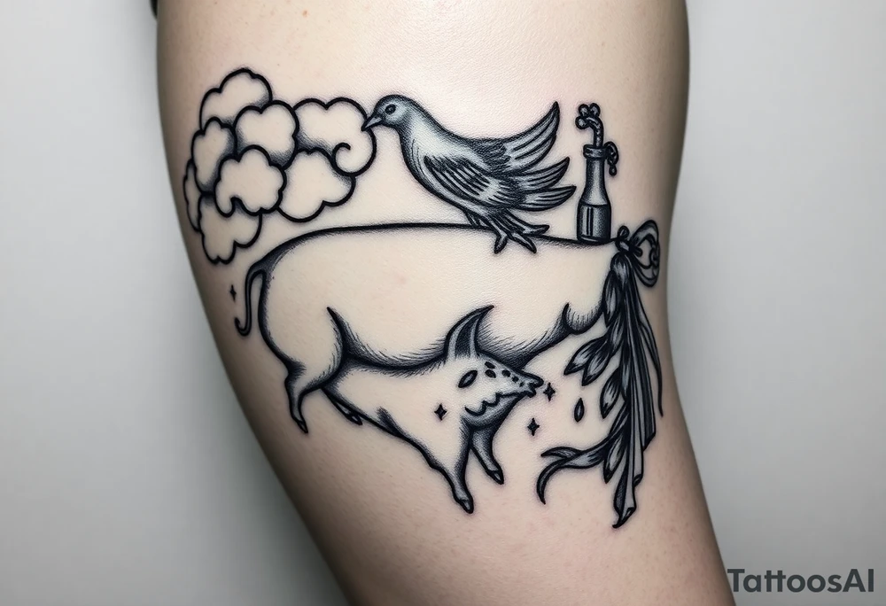 Storm clouds the word gluttony and sexy pig fat woman, peacock, money , envy, wrath, cigerette, cake, liquor bottle tattoo idea