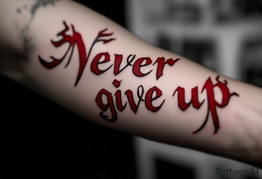 "Never give up" in fiery red ink with flames licking up from the letters. tattoo idea
