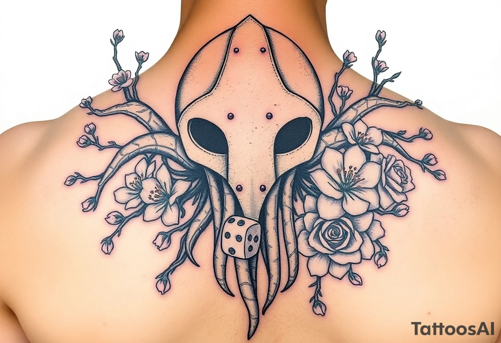 squid knight helmet combined with tree roots, cherry blossoms and roses rolling dice tattoo idea