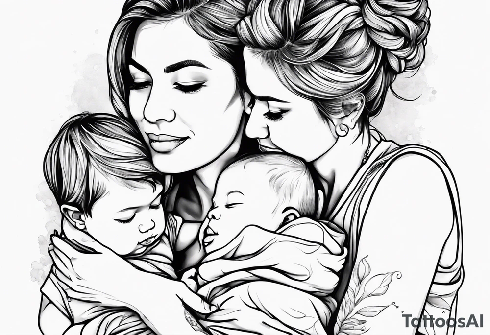A simple outline of a mom holding her to kids tattoo idea