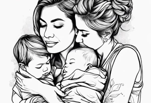 A simple outline of a mom holding her to kids tattoo idea