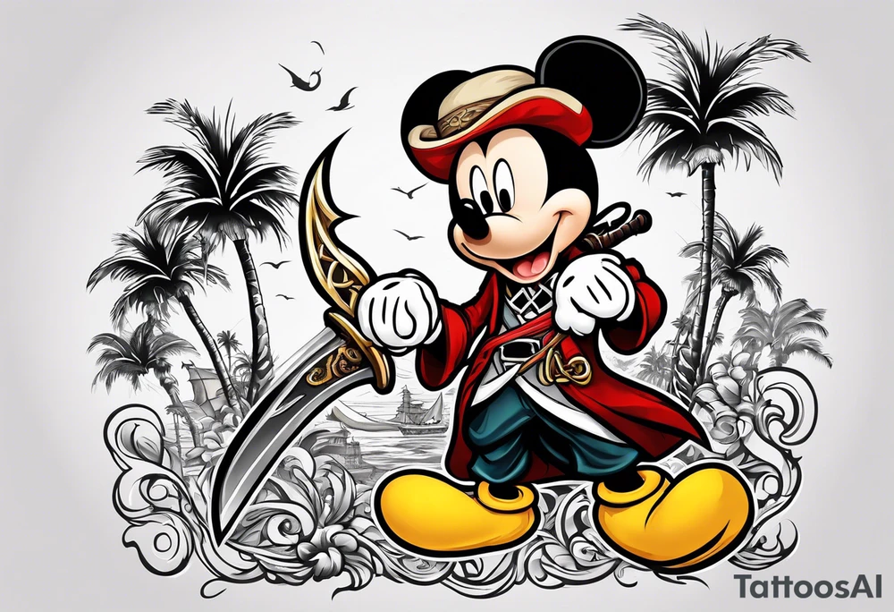 mickey mouse as pirate assassins creed character with palm trees and celtic symbol for family tattoo idea