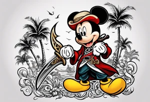 mickey mouse as pirate assassins creed character with palm trees and celtic symbol for family tattoo idea