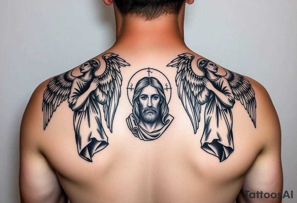 russian orthodox symmetrical guardian angel icon on left and right side of back with both angels holding up a jesus potrait tattoo idea