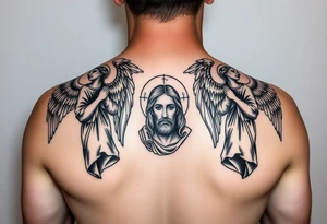 russian orthodox symmetrical guardian angel icon on left and right side of back with both angels holding up a jesus potrait tattoo idea