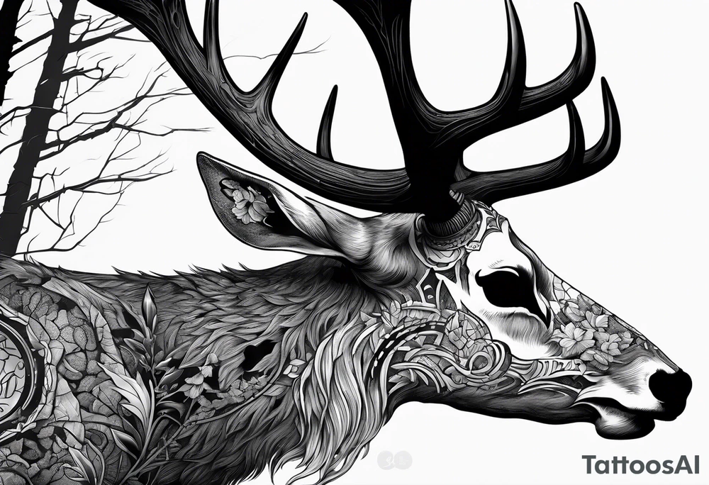 A side view of a decayed deer skull with no skin JUST BONE surrounded by trees and fire tattoo idea