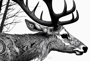 A side view of a decayed deer skull with no skin JUST BONE surrounded by trees and fire tattoo idea