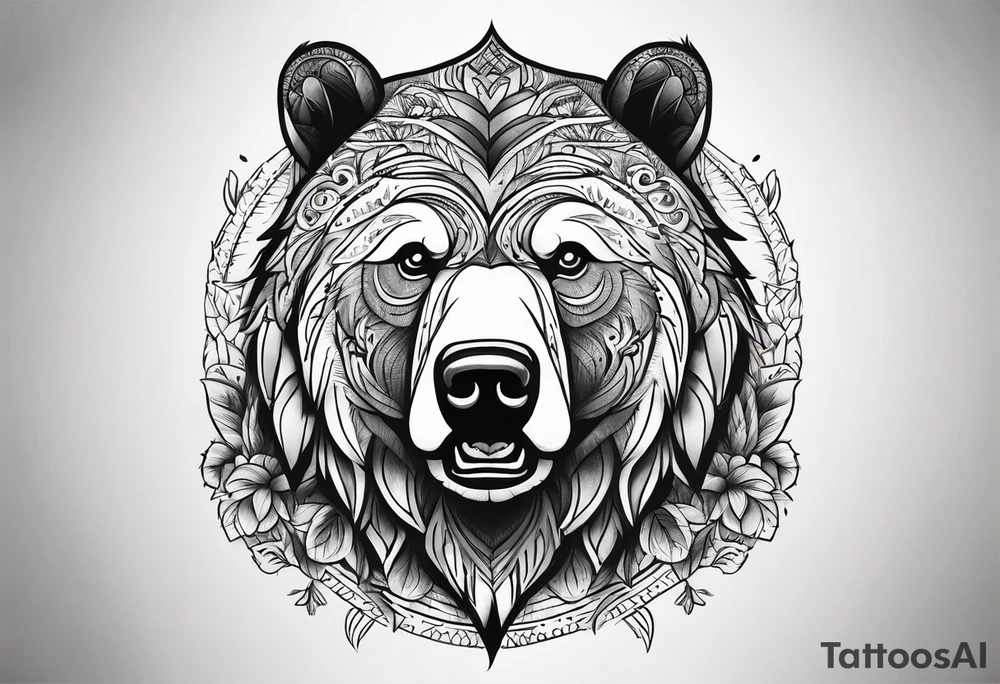 Powerful bear with the word family written tattoo idea