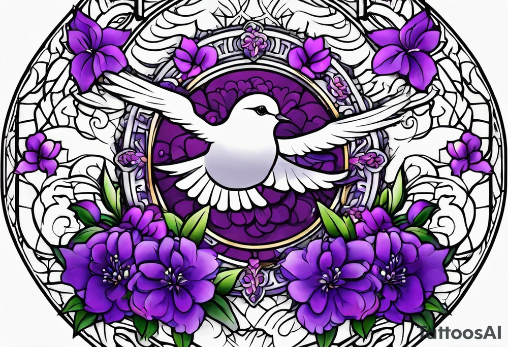 Forearm tattoo with purple flowers to always remember my grandma that passed away with a small white dove and heaven things added like clouds and stairs. tattoo idea