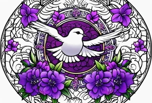 Forearm tattoo with purple flowers to always remember my grandma that passed away with a small white dove and heaven things added like clouds and stairs. tattoo idea