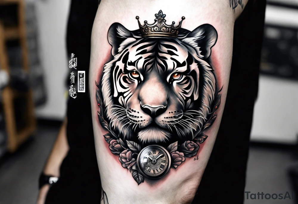 King tiger on top of Hour glass with Brain and heart inside
Full detailed sleeve tattoo idea