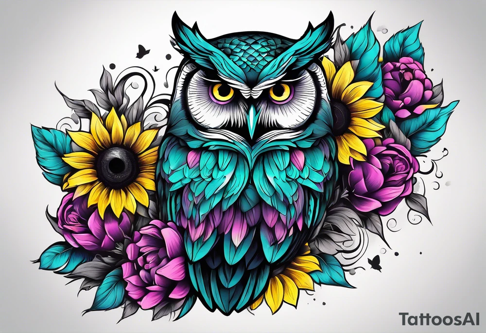 Black and white owl shaded teal, pink and purple surrounded by yellow sunflowers sleeve tattoo idea