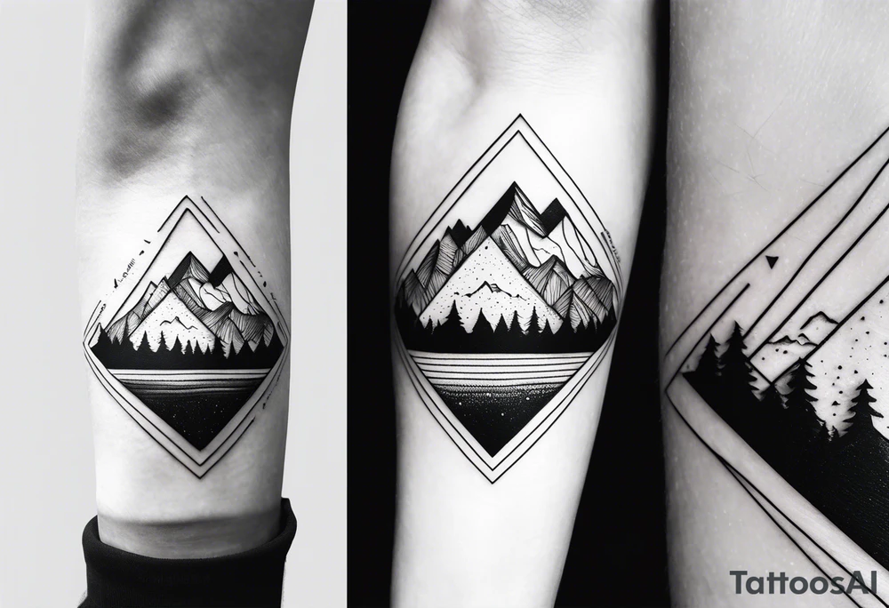 A simple tattoo with mountains and sun in fine line triangles with quote Memento Vivere tattoo idea