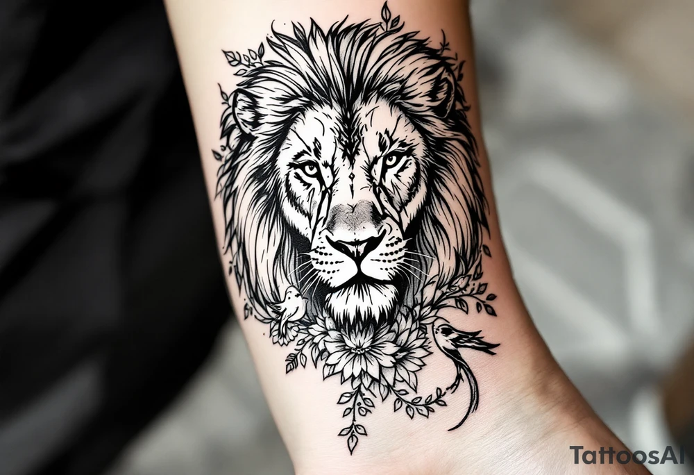 powerful majestic lion with a crown, surrounded by floral ornaments and birds tattoo idea