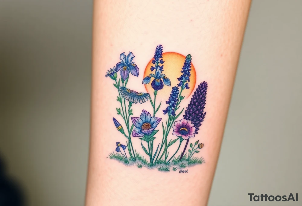 a bunch of cutleaf coneflower, blue flag iris, bee balm, obedient plant, purple coneflower on a hill with grass with a beautiful sunset tattoo idea